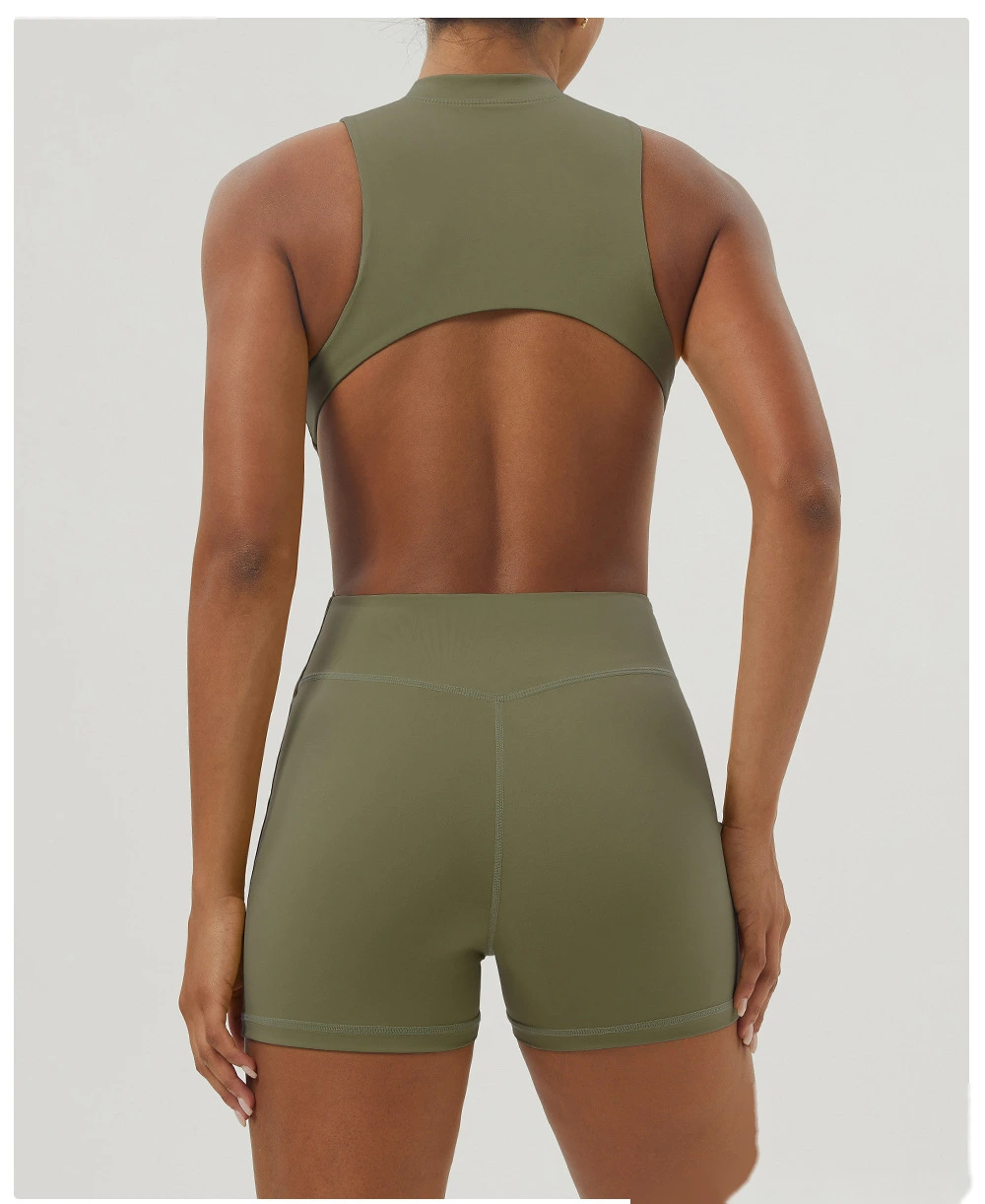 Customized sexy yoga jumpsuit shaping slim zipper stand collar sports jumpsuit shorts fitness suit detail