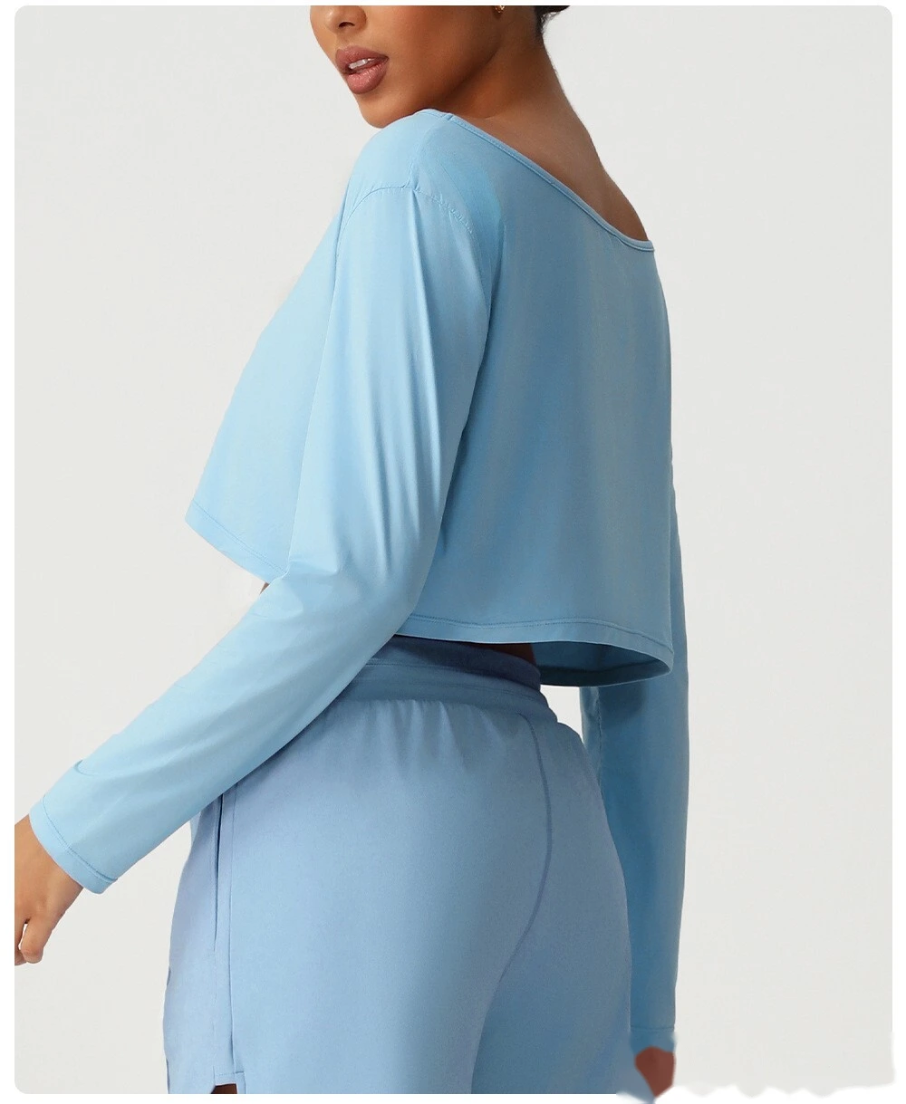 Customized diagonal shoulder long sleeve sports and leisure top high elastic loose T-shirt yoga fitness suit detail