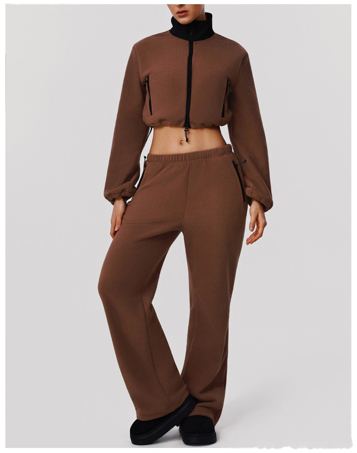 Custom Fleece Lounge Set - Women's Winter Warm Stand Collar Jacket & Wide-Leg Pants Sports Suit detail