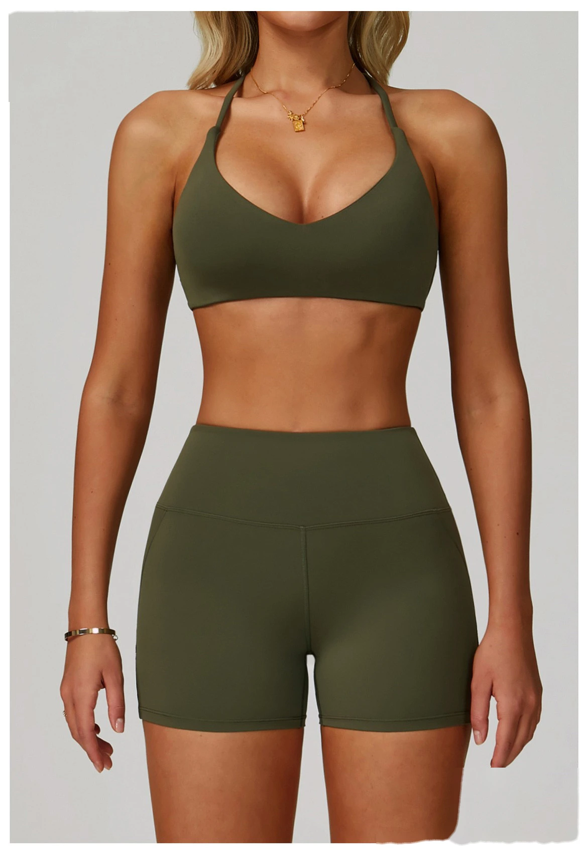 Sports suit women's beautiful back yoga suit tight micro-pull fitness suit detail