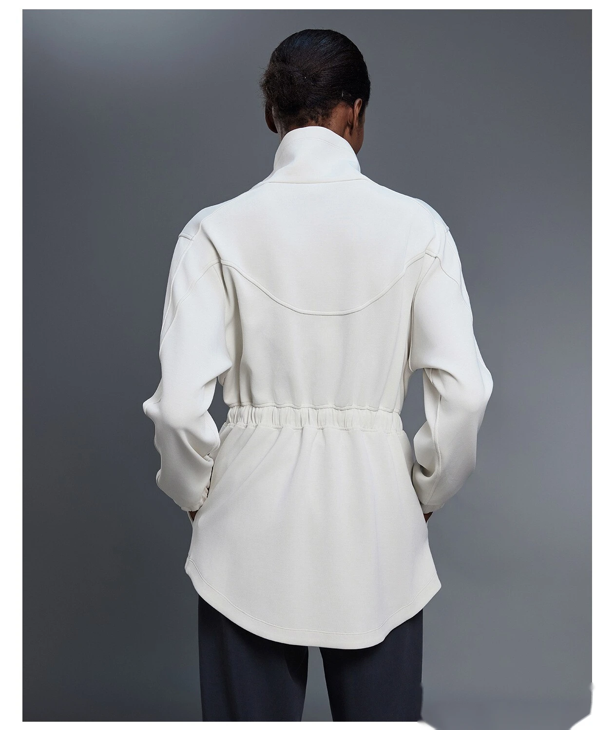Custom-made long coat women's drawstring waist jacket leisure commuter sports windbreaker detail