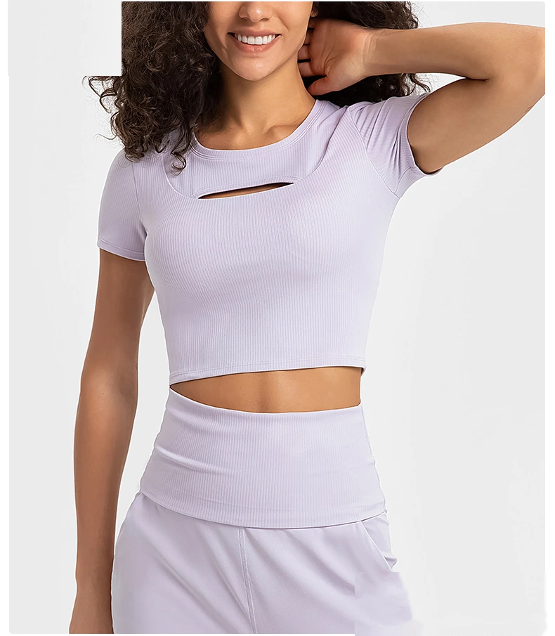 Customized rib sexy hollow short sports T-shirt women with chest pad slim yoga short sleeves detail