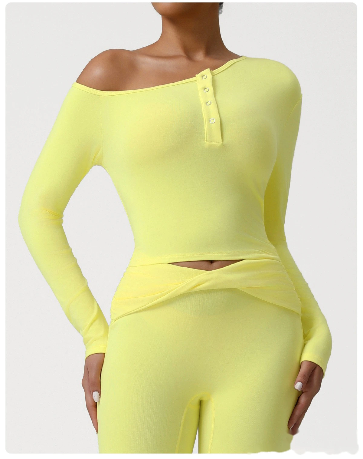 Customized diagonal shoulder sports bottoming shirt for women's slim and slim yoga long sleeve T-shirt detail