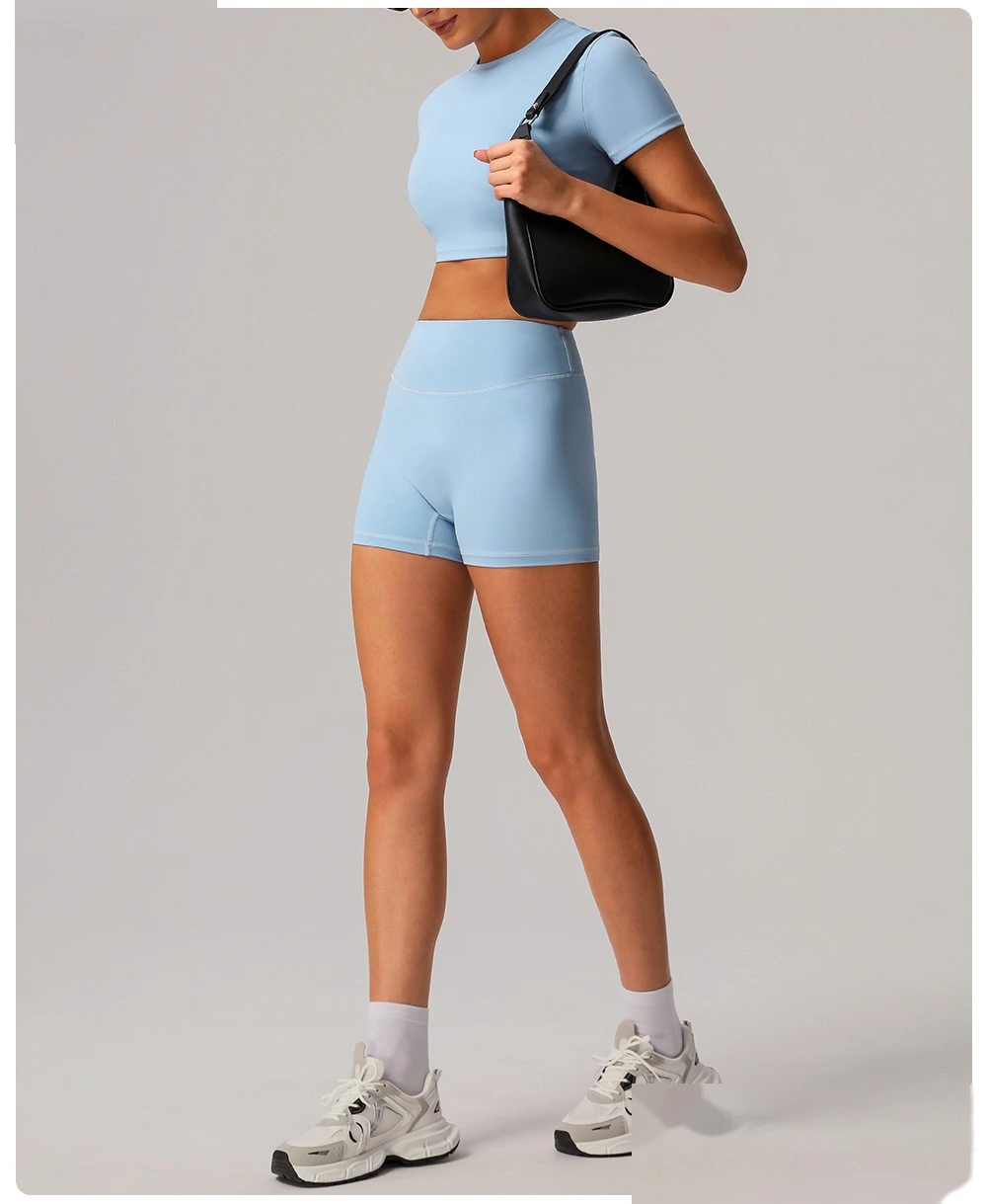 Custom nude yoga shorts hip running fitness pants tight high waist outdoor sports shorts female detail