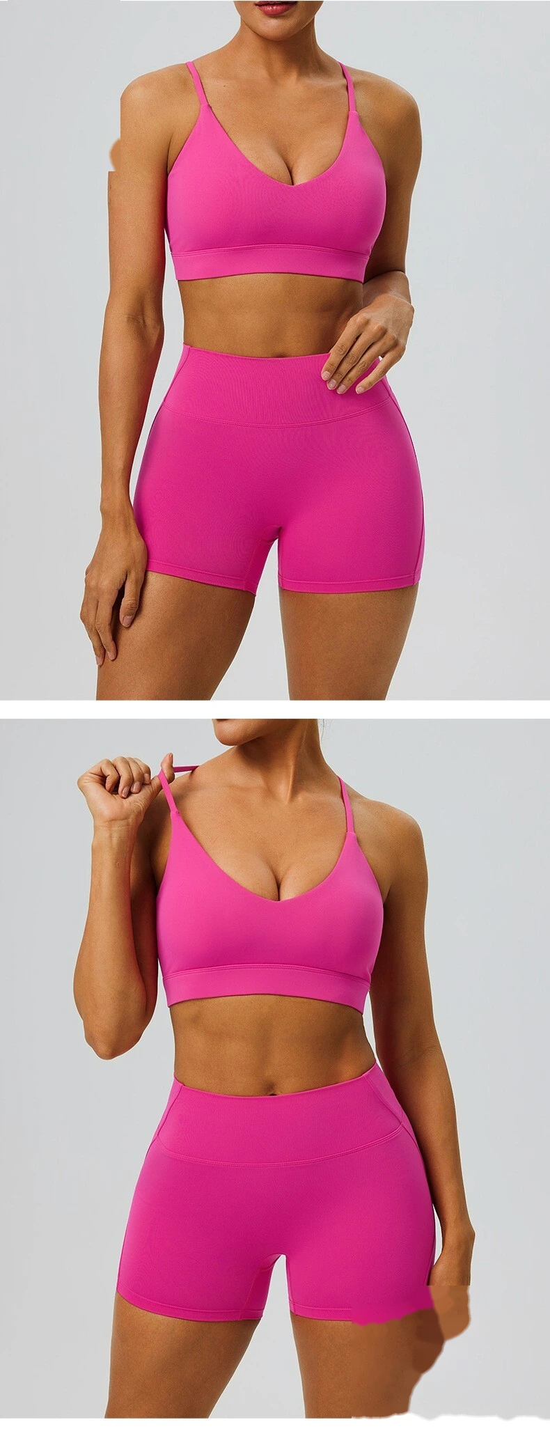Custom Women’s Breathable Quick Dry Active Set Beauty Back Sports Bra High Waist Gym Shorts Fitness 2 Piece Outfit detail