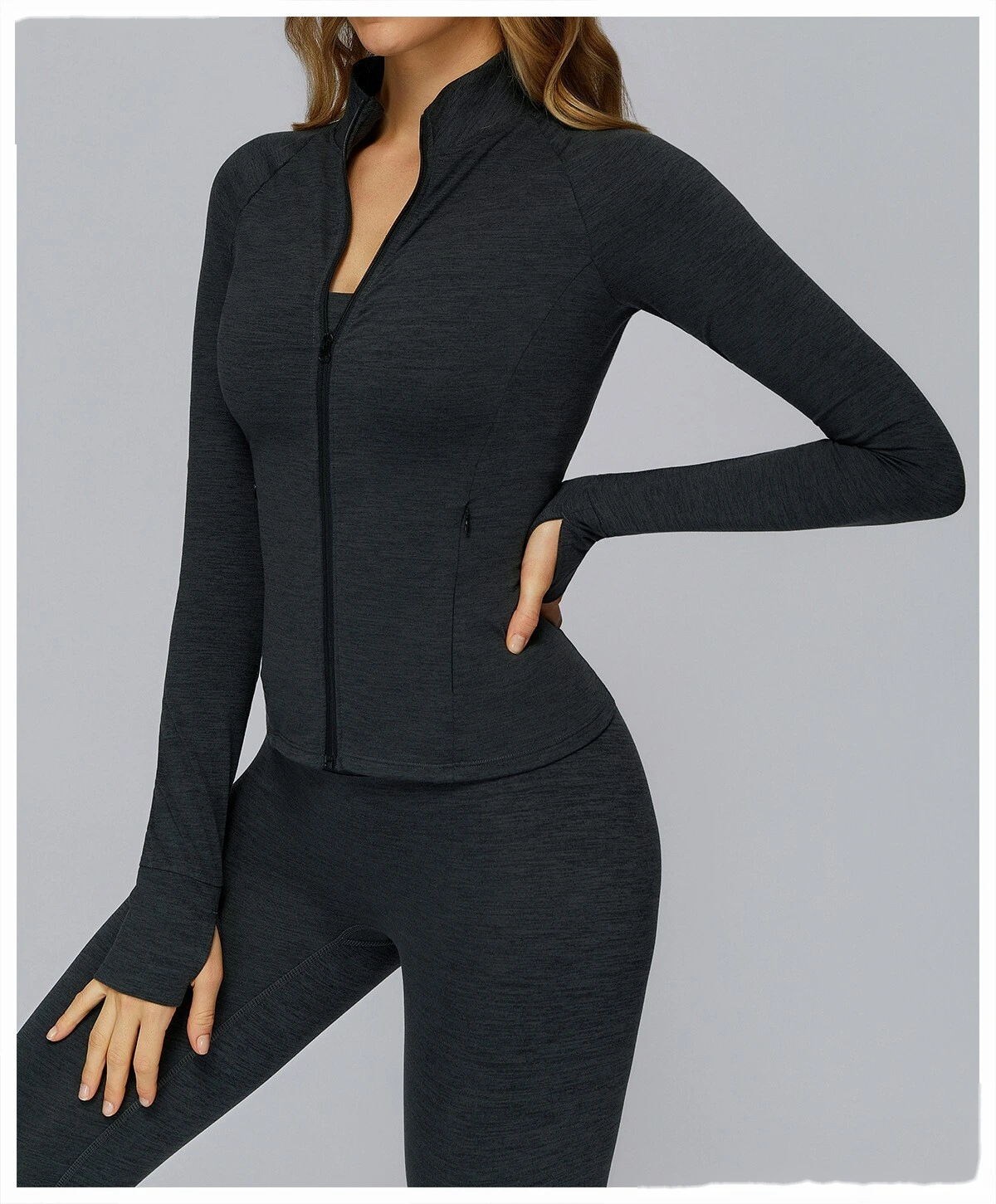 Customized long sleeve jacket zipper pocket quick-drying tight top outdoor sports running fitness jacket detail