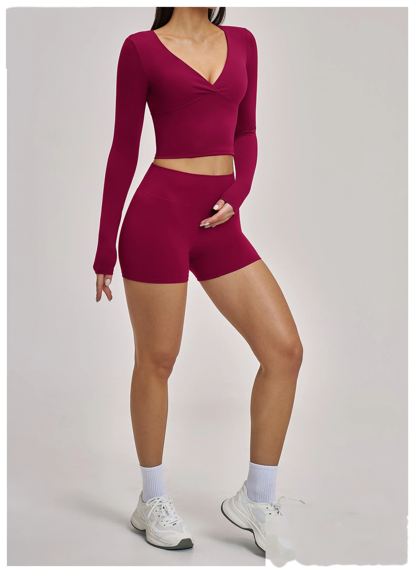 Women’s Custom Spring Summer High Stretch Slim Fit V-Neck Long Sleeve Yoga T-Shirt Fitness Workout Top detail