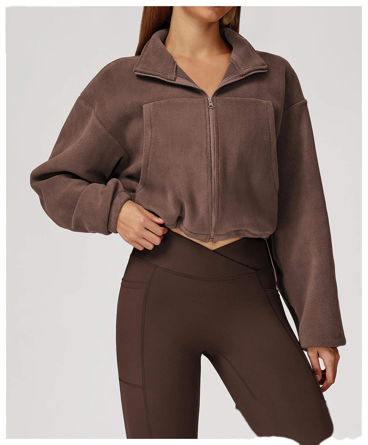 Customized Stand-Collar Windproof Warm Polar Fleece Drawstring Jacket - Women’s Fleece-Lined Athletic Sweatshirt detail