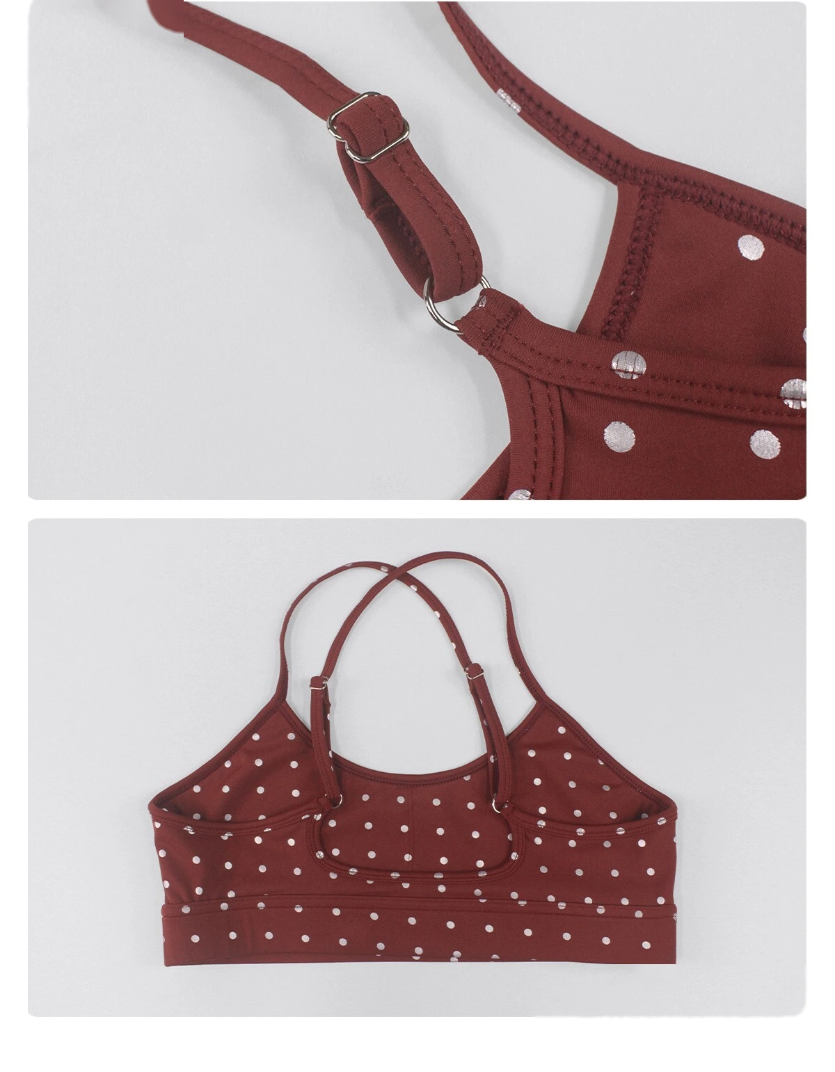 Women's US/EU Thin Strap Yoga Bra - Customizable Silver Hot-Stamped Polka Dot Shockproof High-Elastic Fitness Bra detail