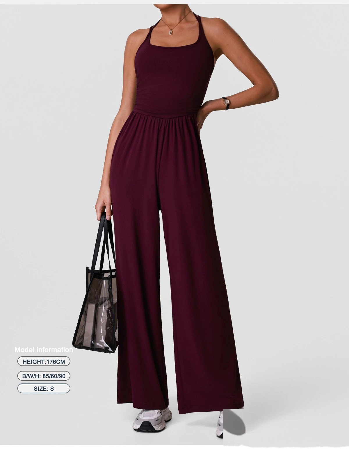 Women’s Halter Hollow Beauty Back Yoga Jumpsuit Casual Wide Leg One Piece Sportswear With Built-in Pads detail