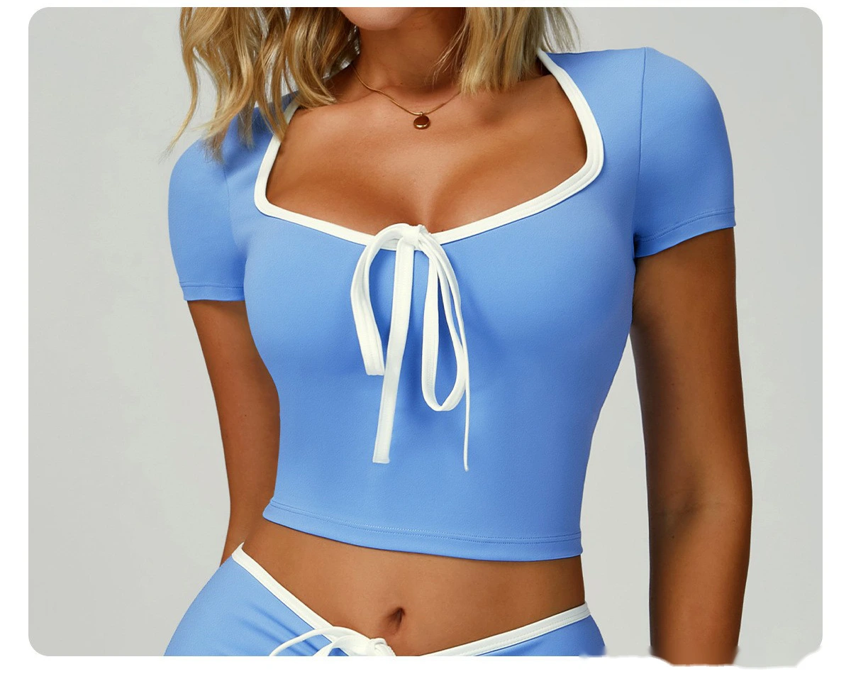 Custom-made V-neck slim yoga outdoor running T-shirt for women with contrast edge yoga clothes detail