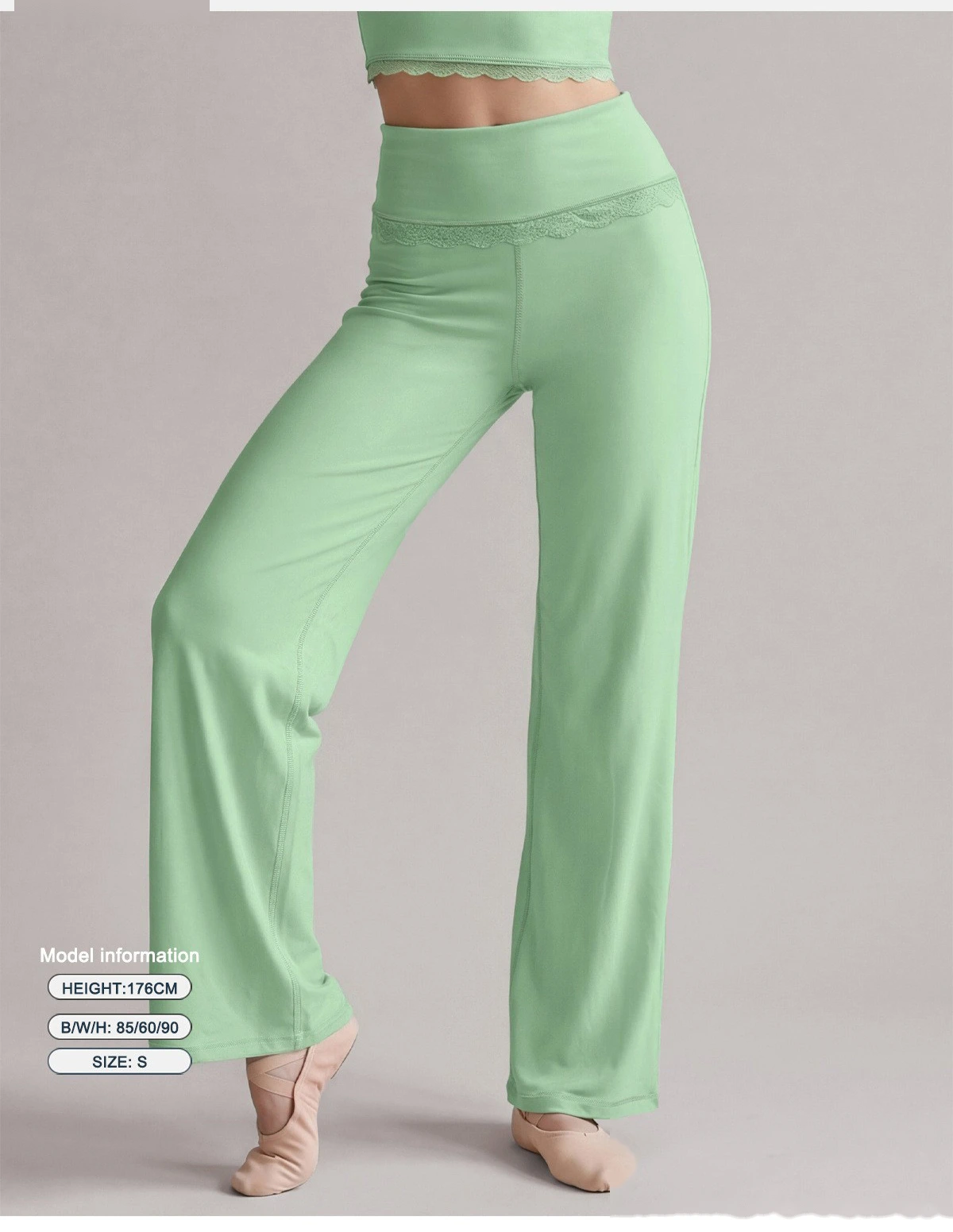 Custom 2 Piece Yoga Set, Lace Spliced Top & Straight Wide Leg Pants, Soft Stretch Activewear Outfit for Dance Training detail