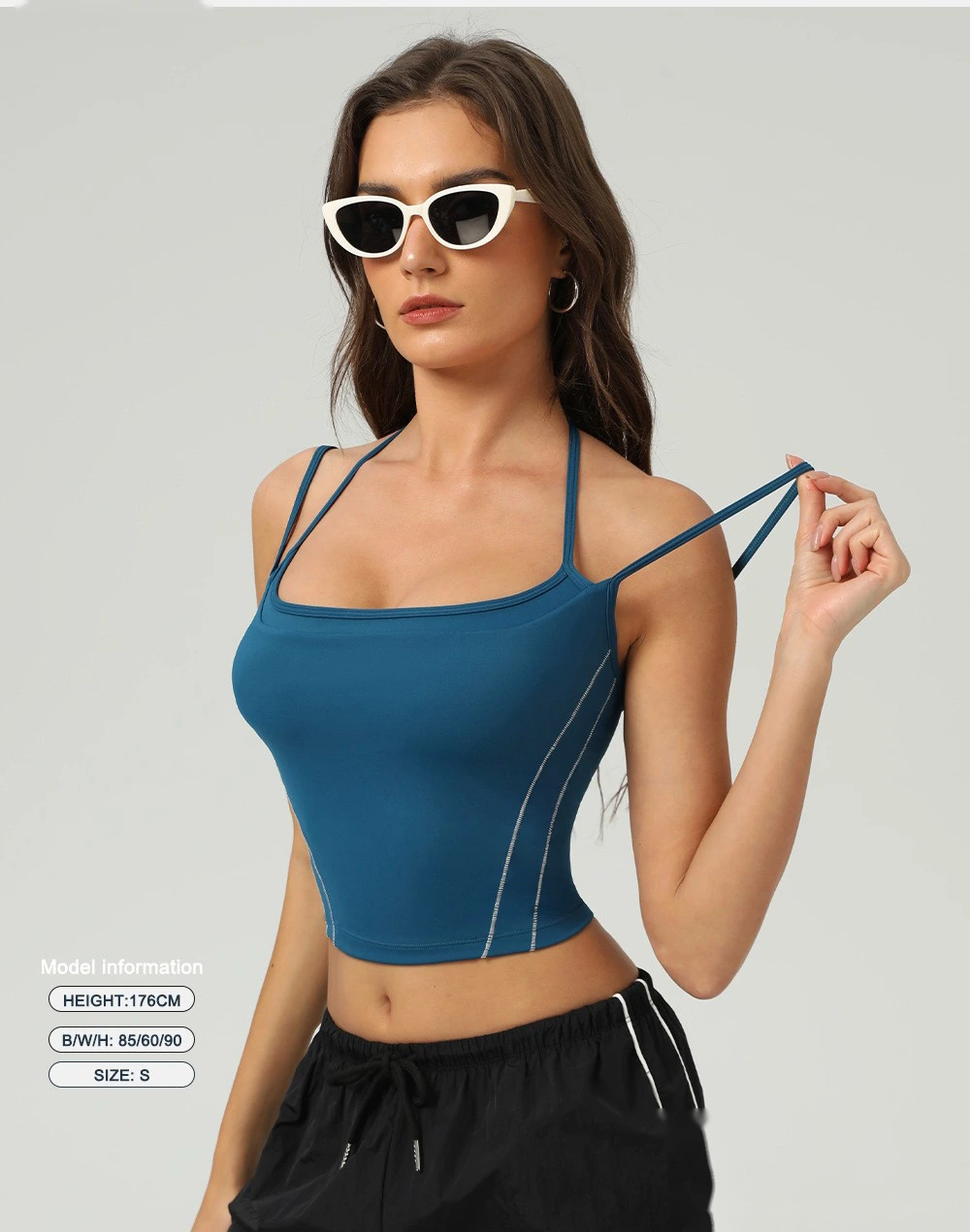 Customized nude contrast top tight waist outdoor sports bra women's thin shoulder strap vest suspender bra detail