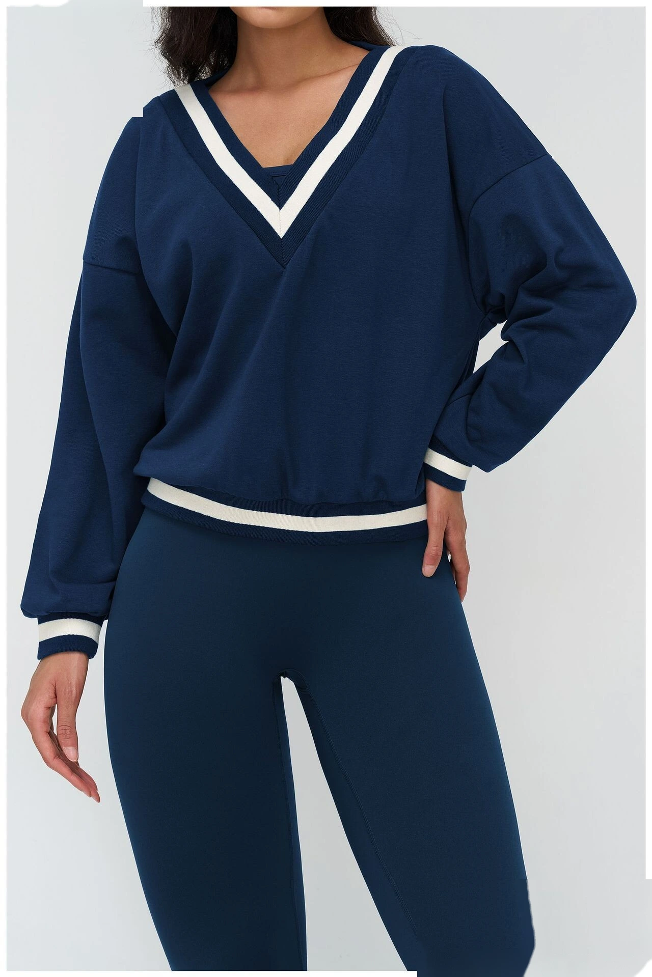 Bulk Custom V-Neck Casual Hoodie - Color Block Loose Fit Outdoor Sports Running Sweatshirt detail