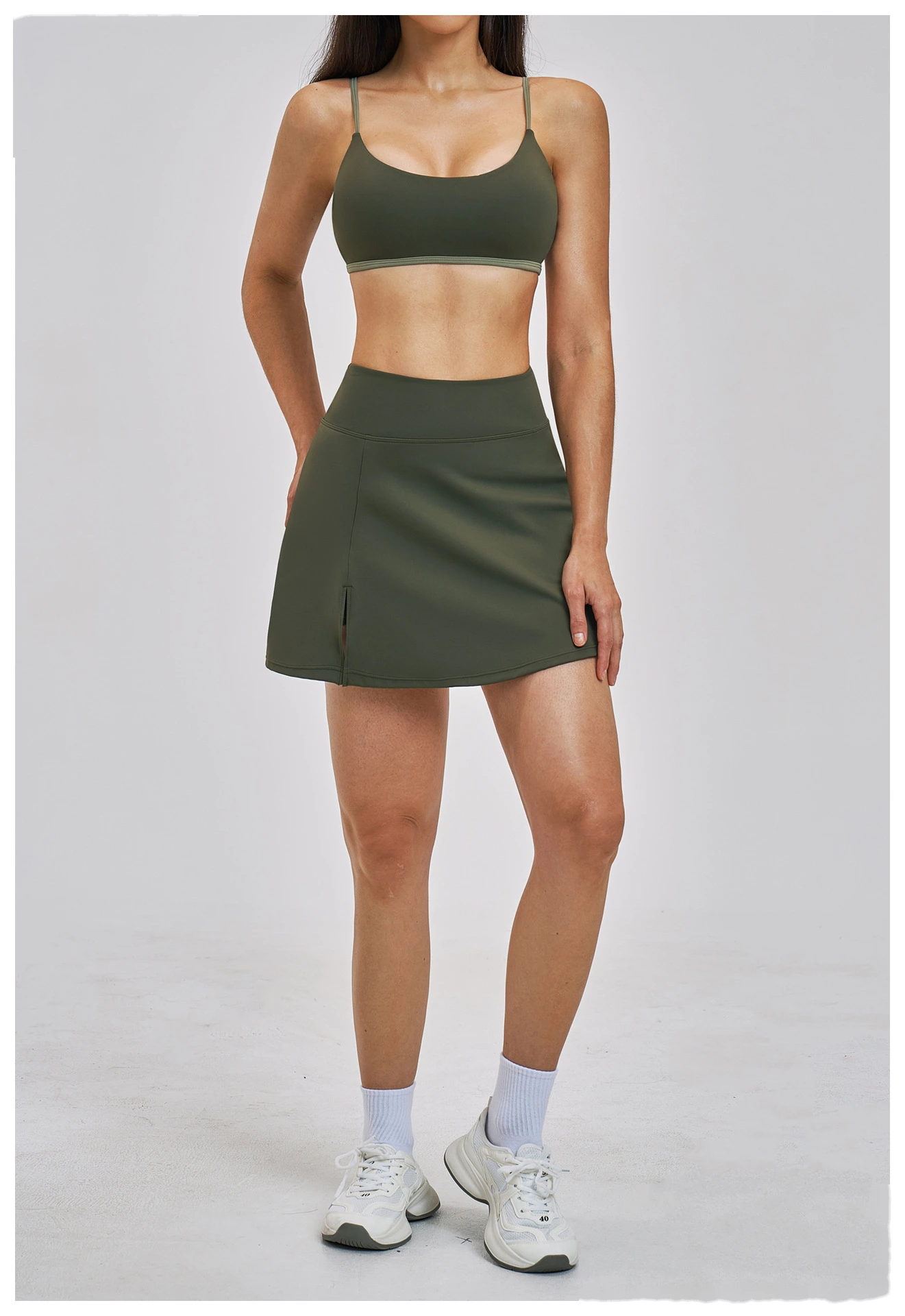 Custom Women’s Thin Shoulder Strap Beauty Back Sports Bra Fake Two Piece Tennis Skort Yoga Fitness Set detail
