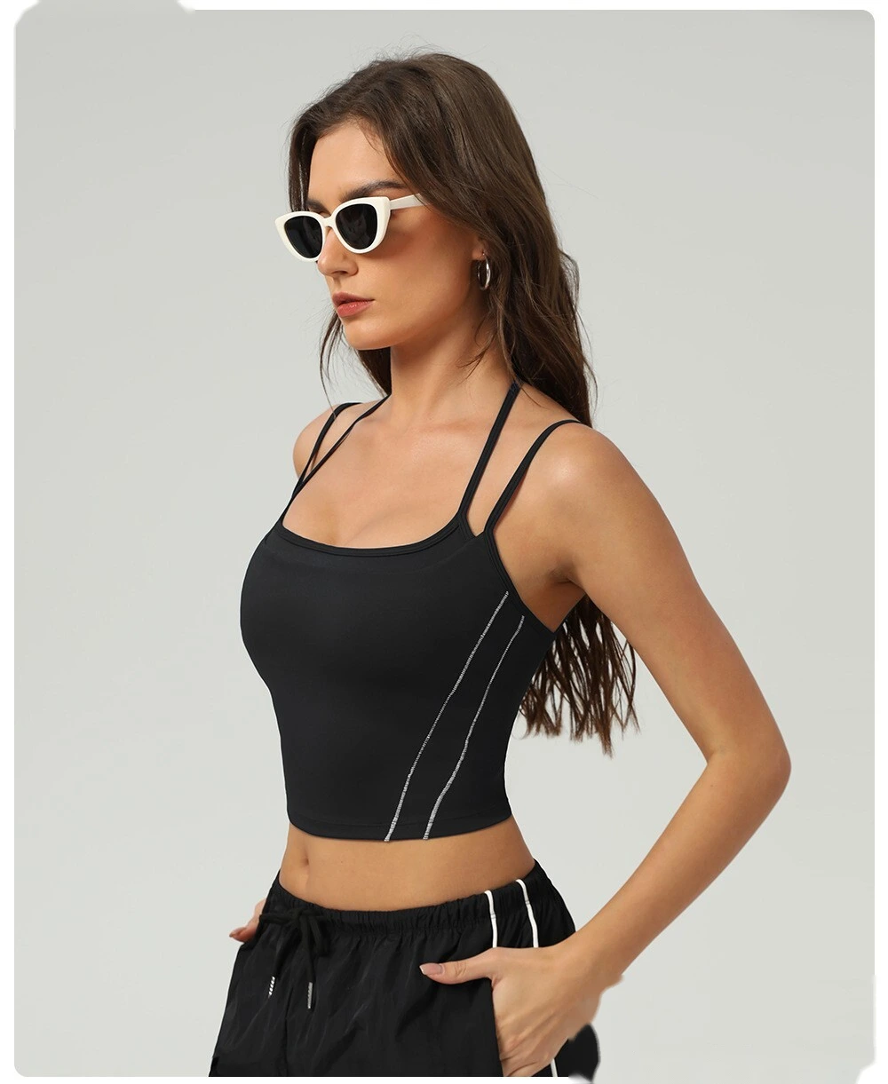 Customized nude contrast top tight waist outdoor sports bra women's thin shoulder strap vest suspender bra detail