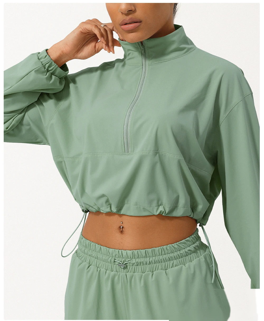 Customized semi-zipper turtleneck sunscreen yoga suit jacket UV-proof outdoor drawstring hooded sun-protective clothing detail