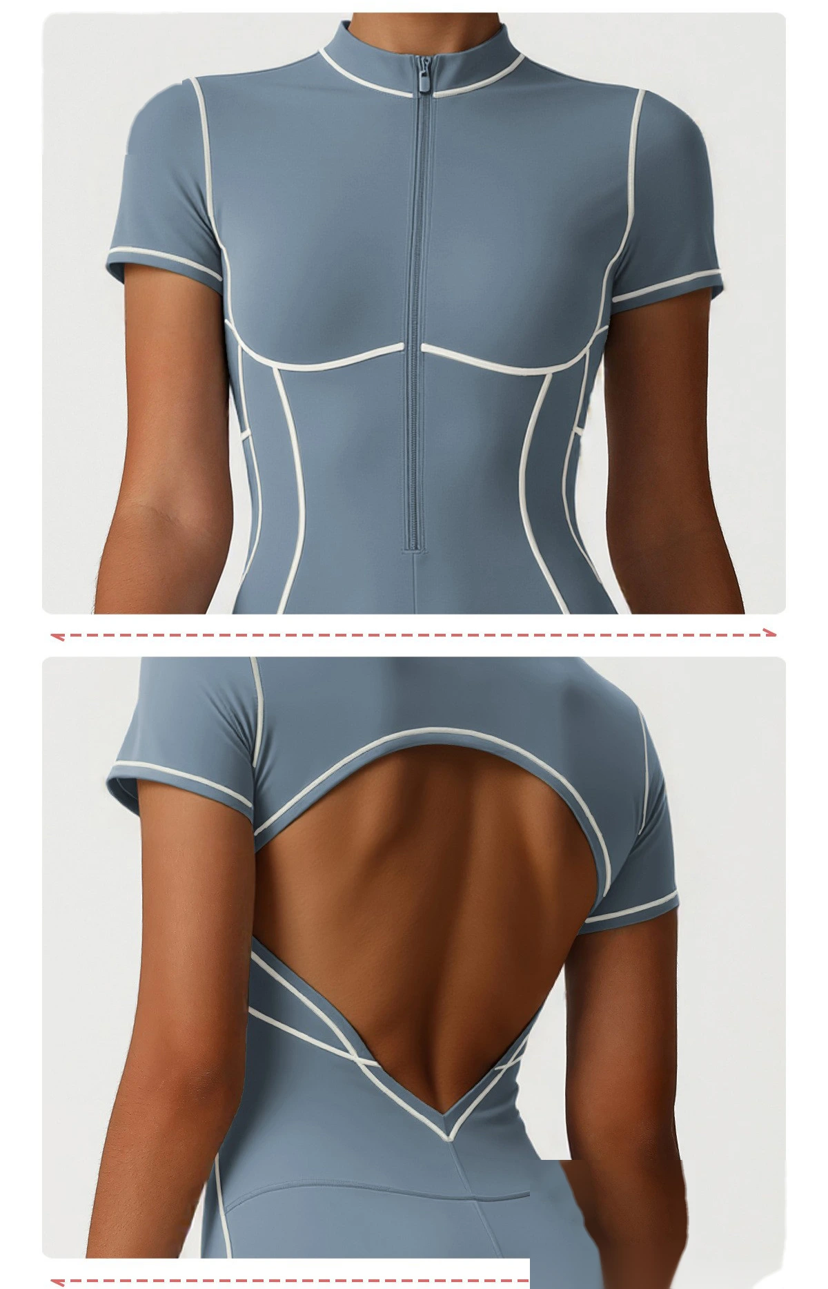 Custom Contrast Color Open Back Yoga Romper - Butt Lifting Training Fitness Short Sleeve Bodysuit detail