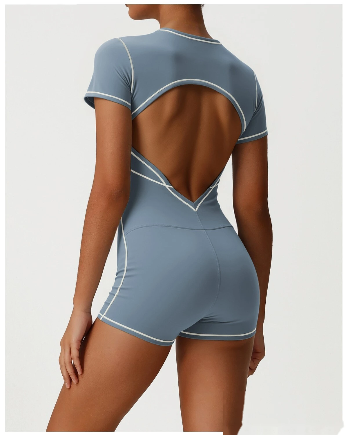Custom Contrast Color Open Back Yoga Romper - Butt Lifting Training Fitness Short Sleeve Bodysuit detail