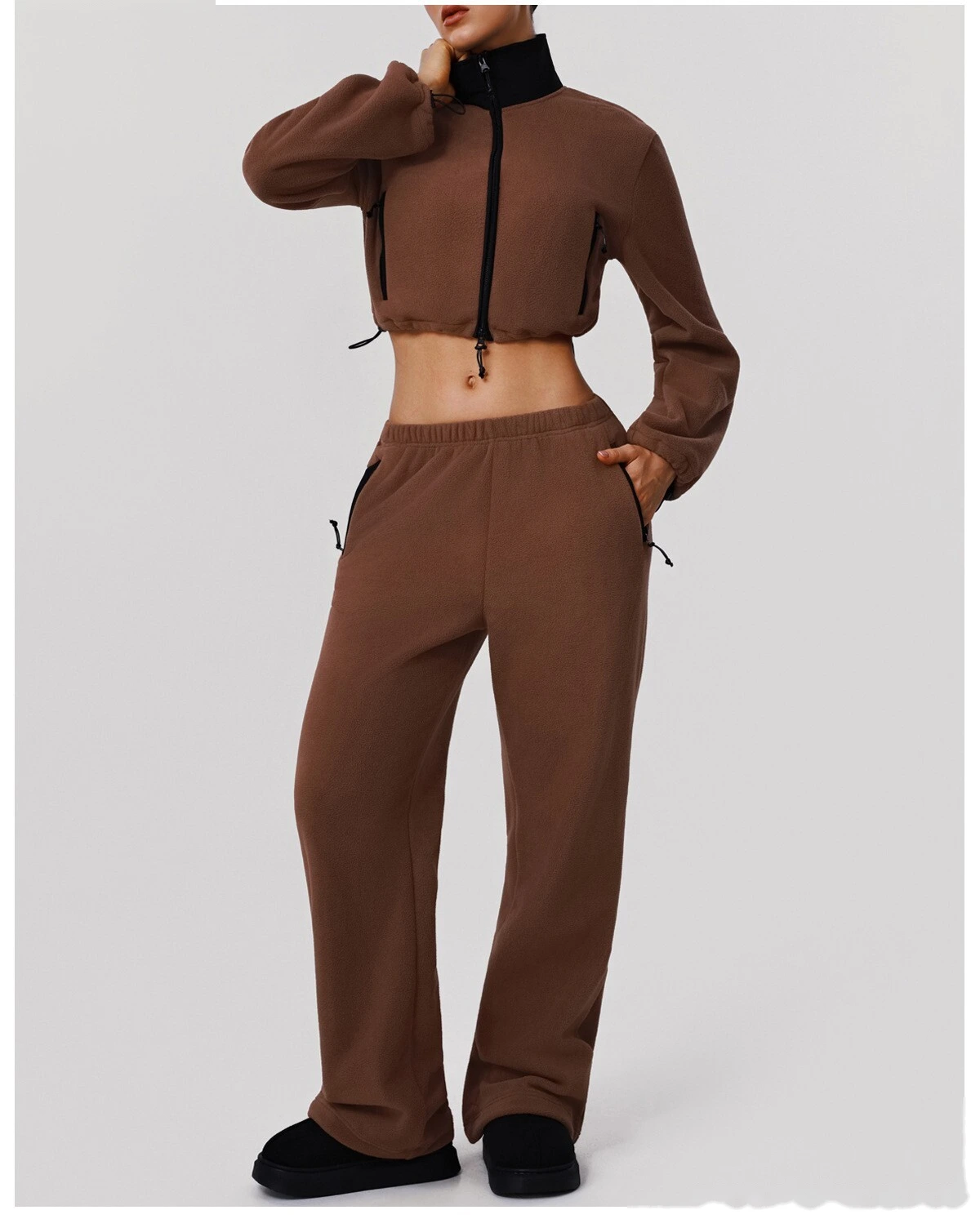 Custom Fleece Lounge Set - Women's Winter Warm Stand Collar Jacket & Wide-Leg Pants Sports Suit detail