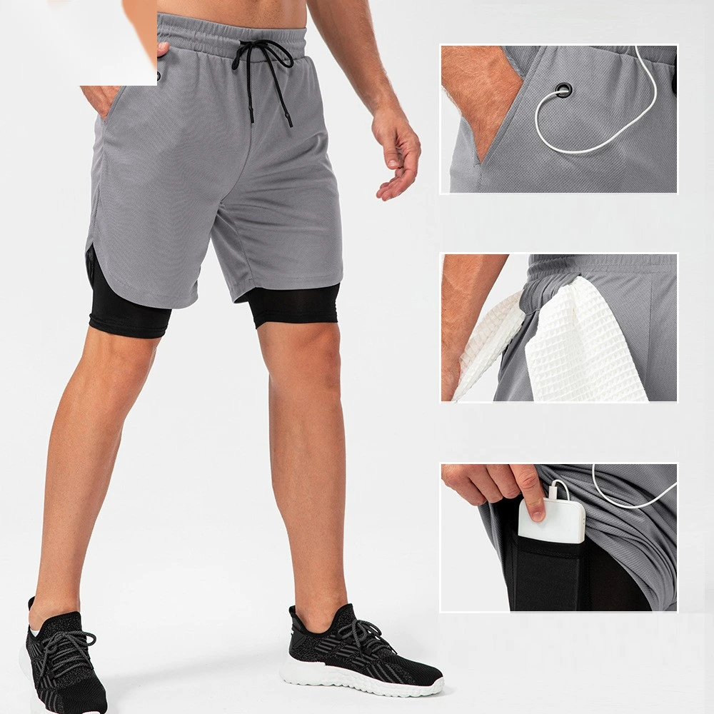 Men 2 in 1 shorts headphone hole quick dry running pants with inner detail