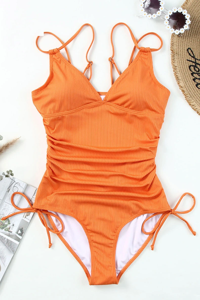 Custom women v neck strap one-piece swimsuits detail