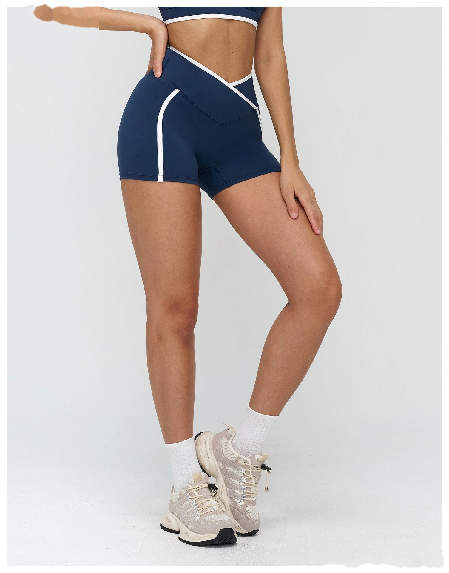 Custom Color Block Tight Workout Shorts - Buttery Soft Cross Waist Yoga Running Shorts detail