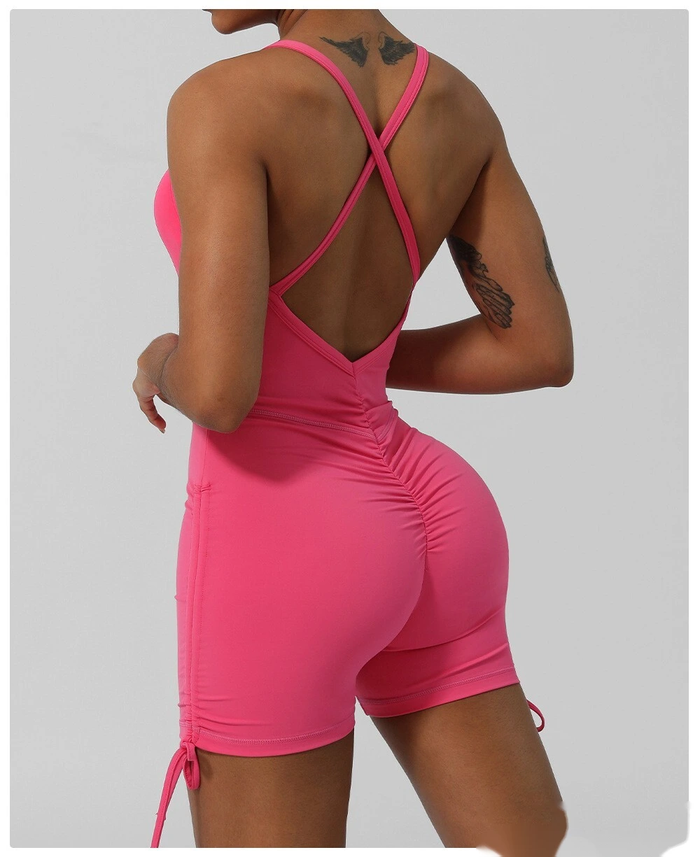 Custom-made European and American thin ribbon cross back yoga clothes tight shorts jumpsuit with chest pad detail
