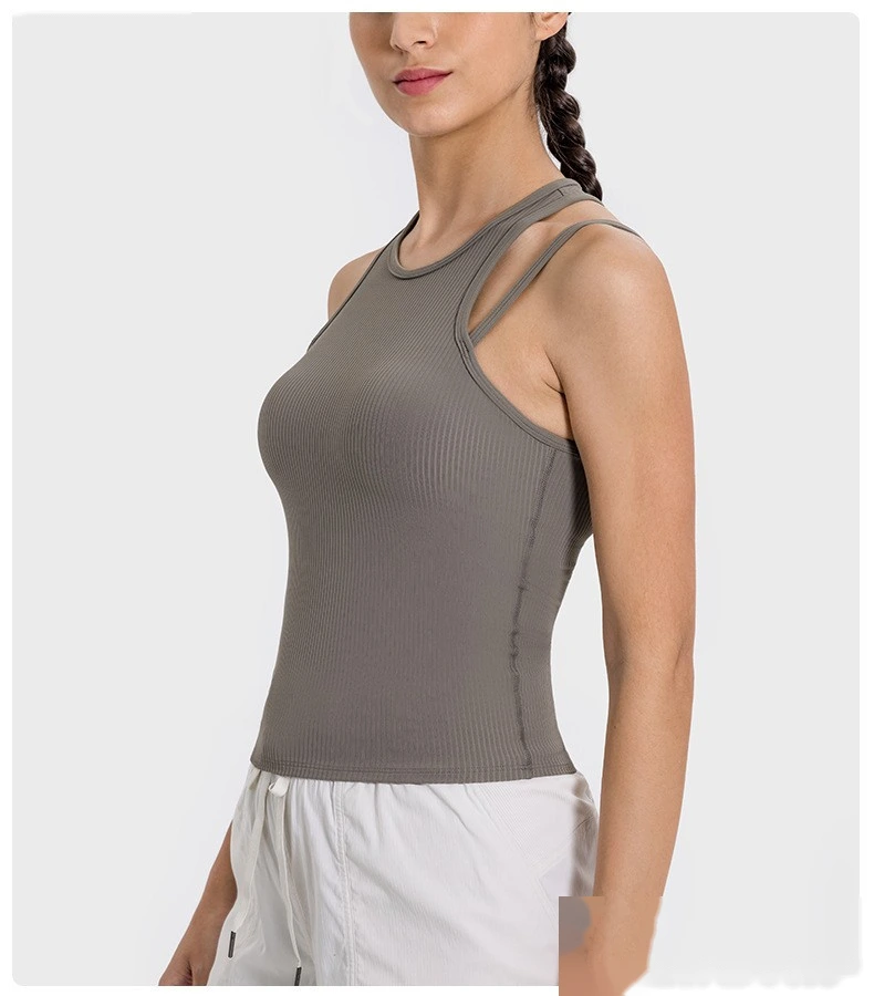 Customized rib new breathable I-shaped back yoga vest with chest pad female fitness bra top detail