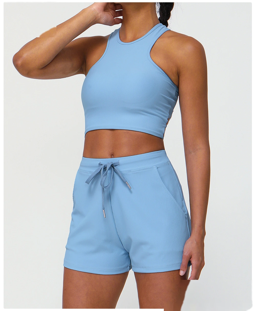 Customized rib loose casual shorts women's drawstring quick-drying yoga shorts pocket high elastic sports pants detail