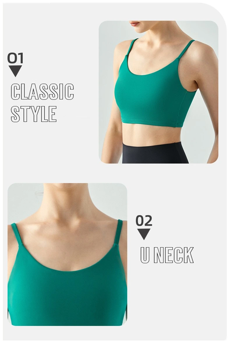 Women U neck spaghetti strap padded crop vest running fitness sports bra detail