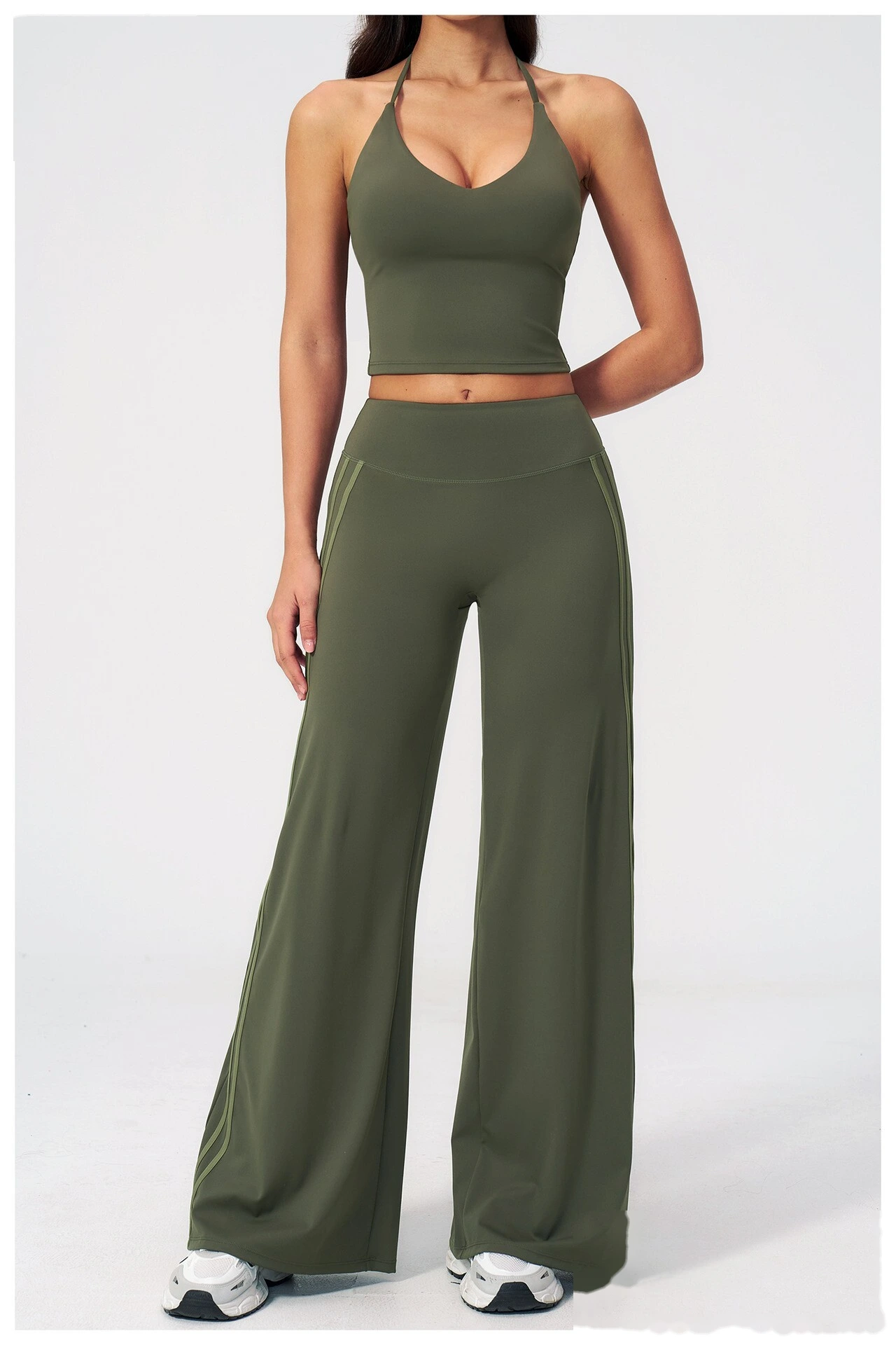 High Waist Hip Lifting Flare Yoga Pants, Color Block Naked Feel Slimming Workout Wide Leg Trousers detail