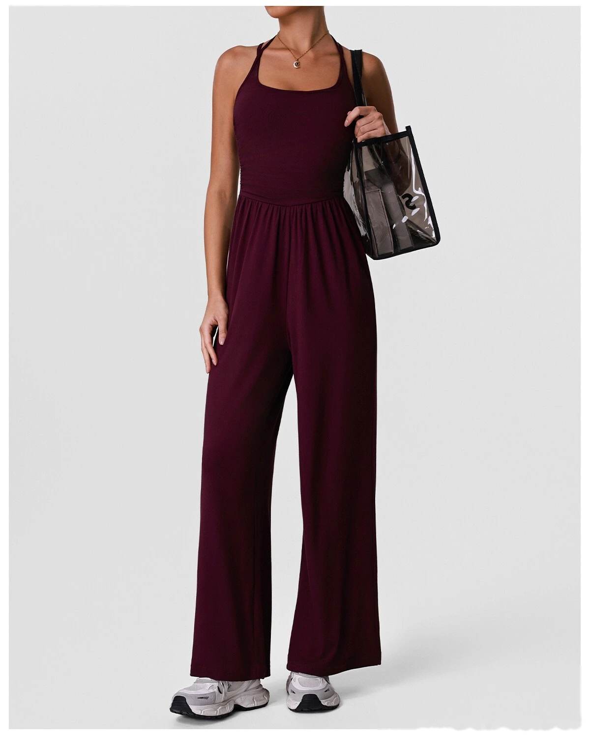 Women’s Halter Hollow Beauty Back Yoga Jumpsuit Casual Wide Leg One Piece Sportswear With Built-in Pads detail