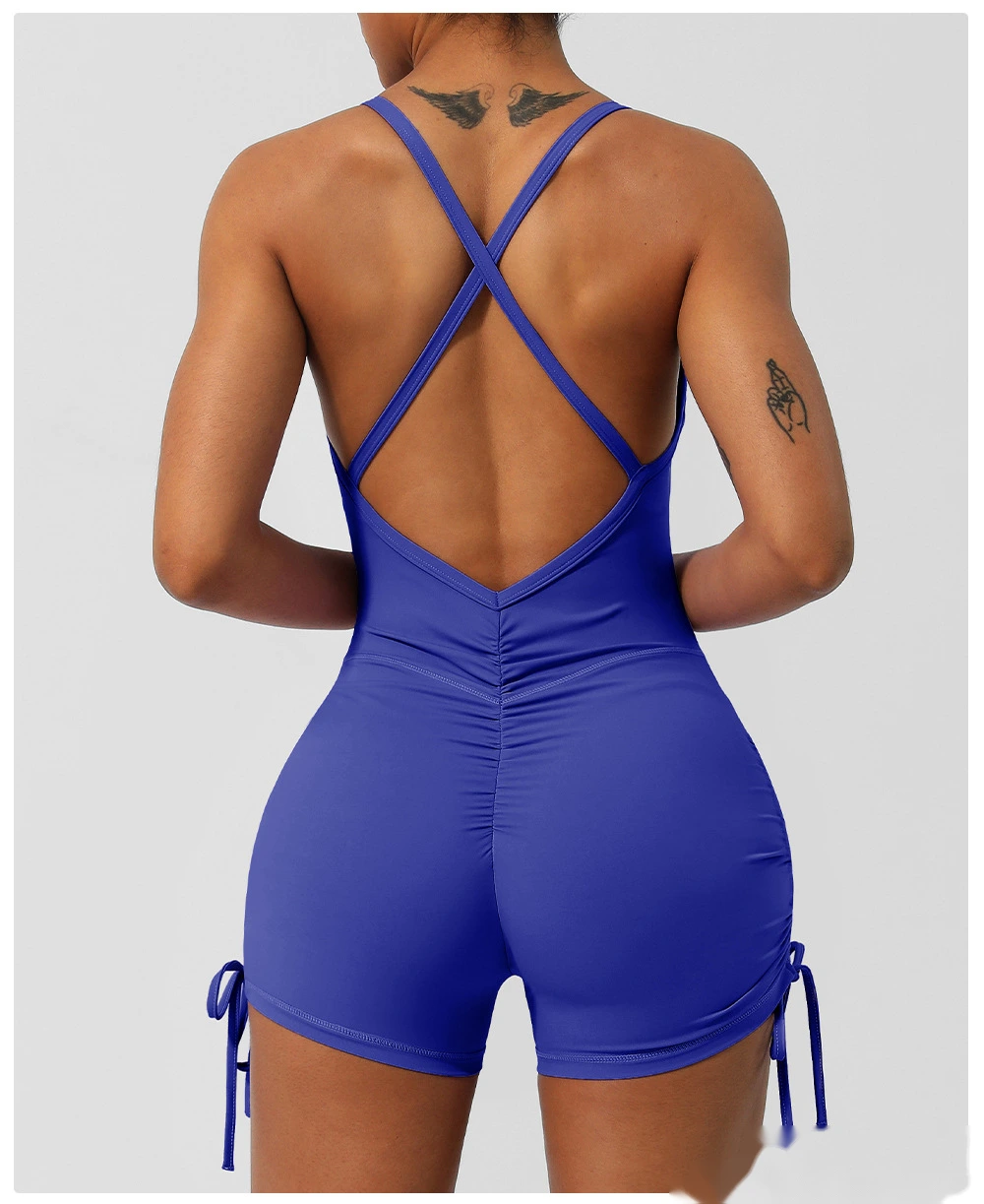 Custom-made European and American thin ribbon cross back yoga clothes tight shorts jumpsuit with chest pad detail