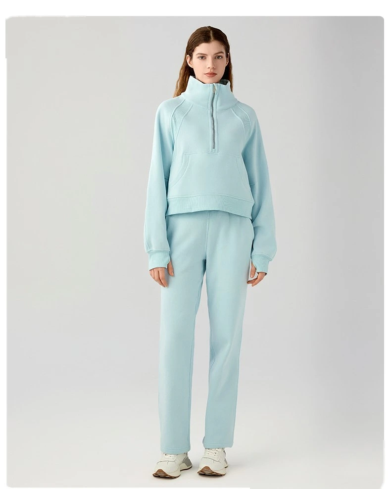 Women long sleeve half zip stand collar autumn fleece running sweatshirts detail