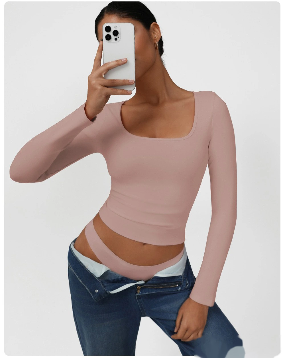 Customized high elastic tight T-shirt casual square collar sexy solid color long sleeve yoga sports shirt detail