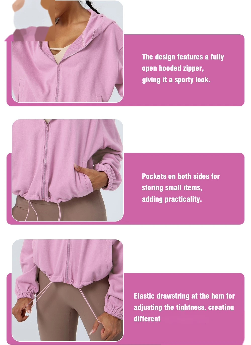 Custom loose casual sports full zip hoodies outdoor running drawstring hem jacket Factory Fast Delivery detail