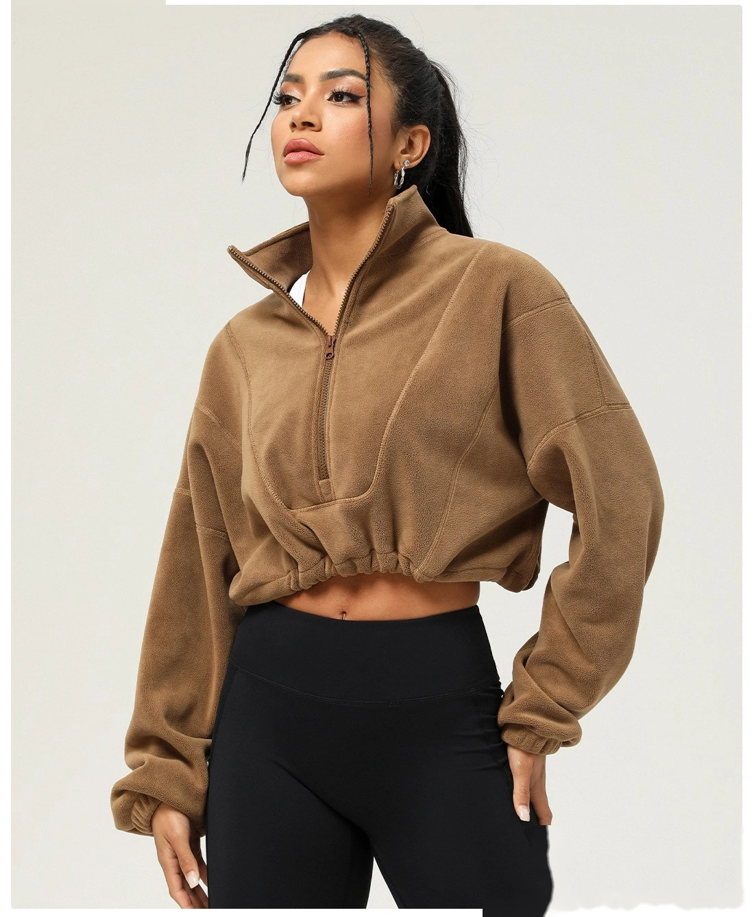 Customized autumn and winter Olympic fleece long-sleeved sweater stand-up zipper short casual warm sportswear women detail