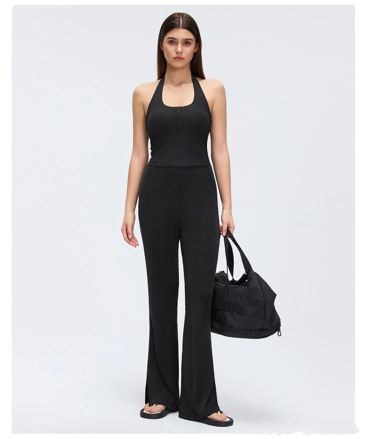 Custom Split Hem Yoga Pants - Women's Sand-Washed Ribbed Wide-Leg Flared Slimming Sports Pants detail