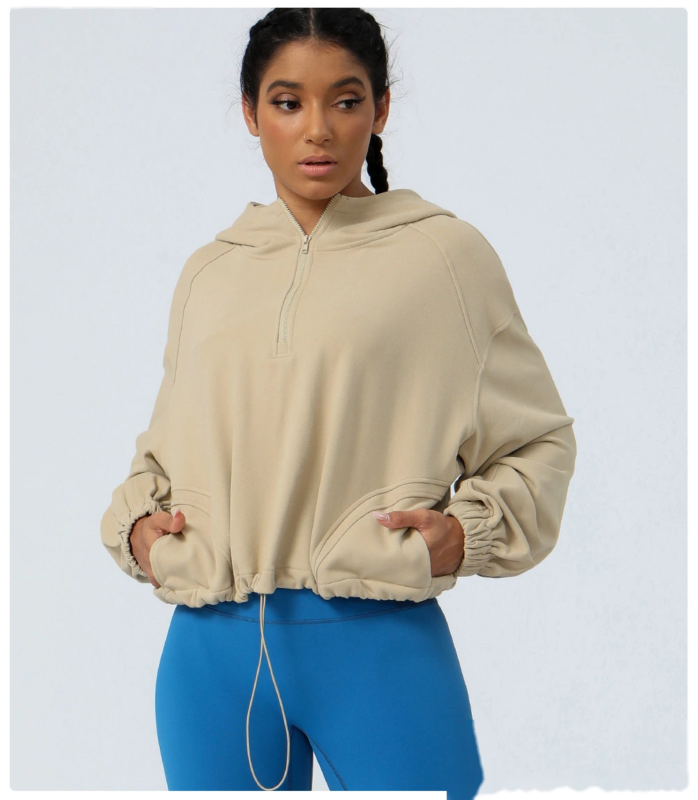 Custom hooded zipper loose yoga fitness jacket women's outdoor running coat long sleeve sweater detail