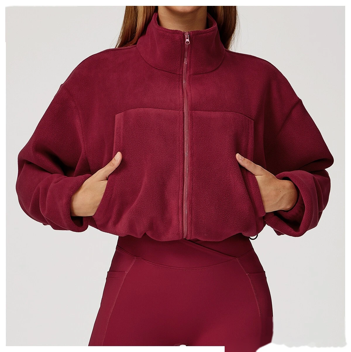 Customized Stand-Collar Windproof Warm Polar Fleece Drawstring Jacket - Women’s Fleece-Lined Athletic Sweatshirt detail