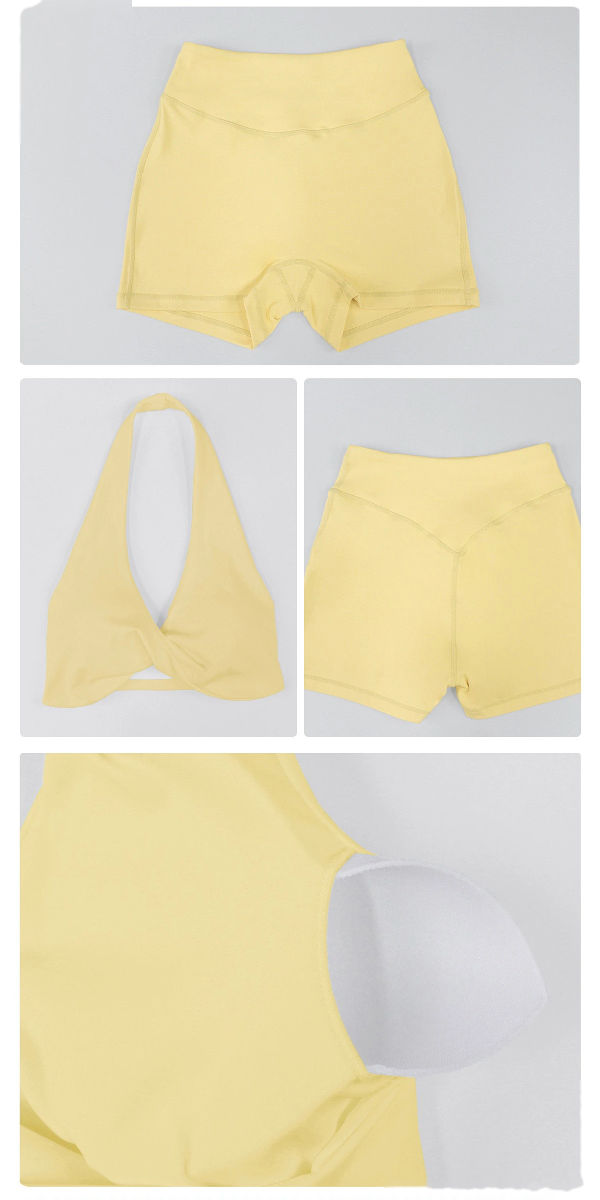 New Summer Women's Active Set, Halter Beauty Back Sports Bra with High Waist Tummy Control Workout Shorts detail