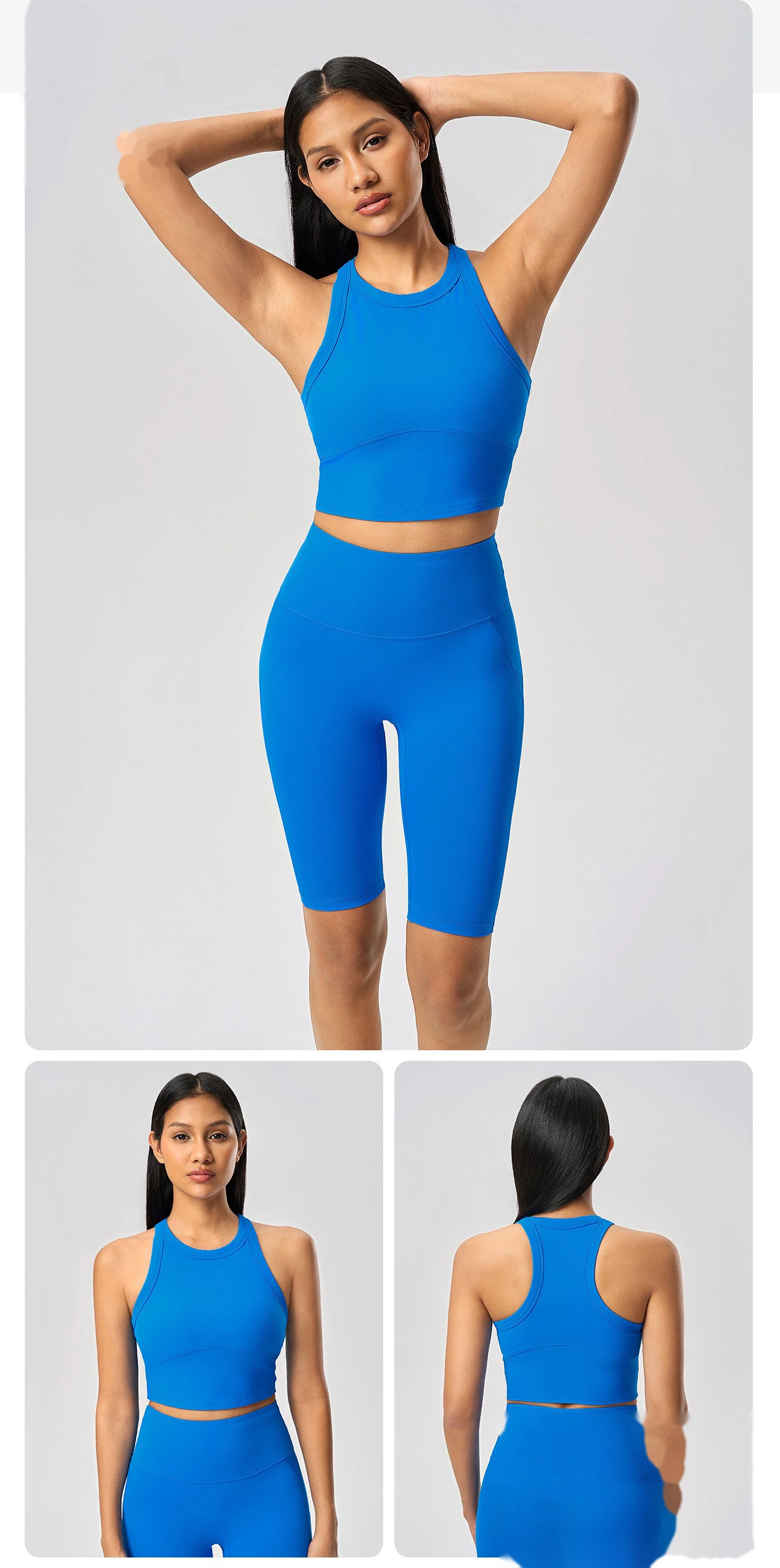 Short sleeveless sports vest female nude elastic fixed cup high round neck fitness yoga clothes top detail