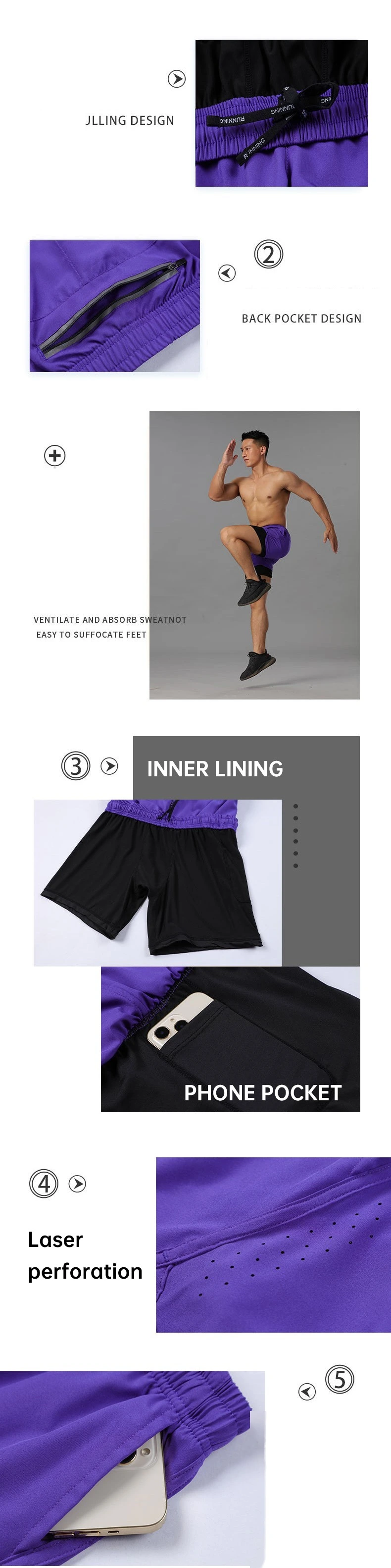 Sports 2 in 1 marathon training running quick dry loose athletic shorts detail