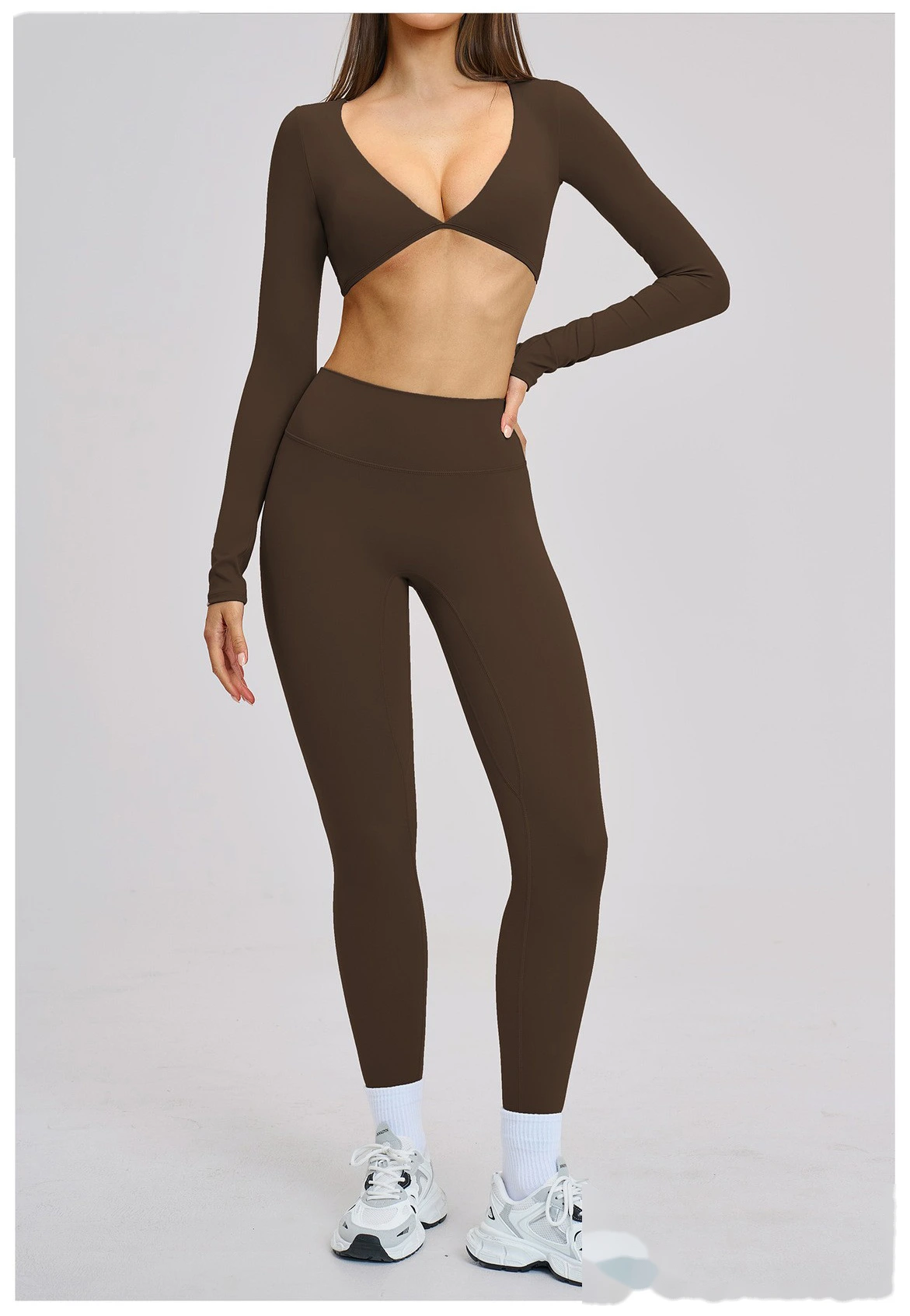 Women’s Custom Long Sleeve V-Neck Cropped Yoga Top Outdoor Fitness Workout Running Active Set detail