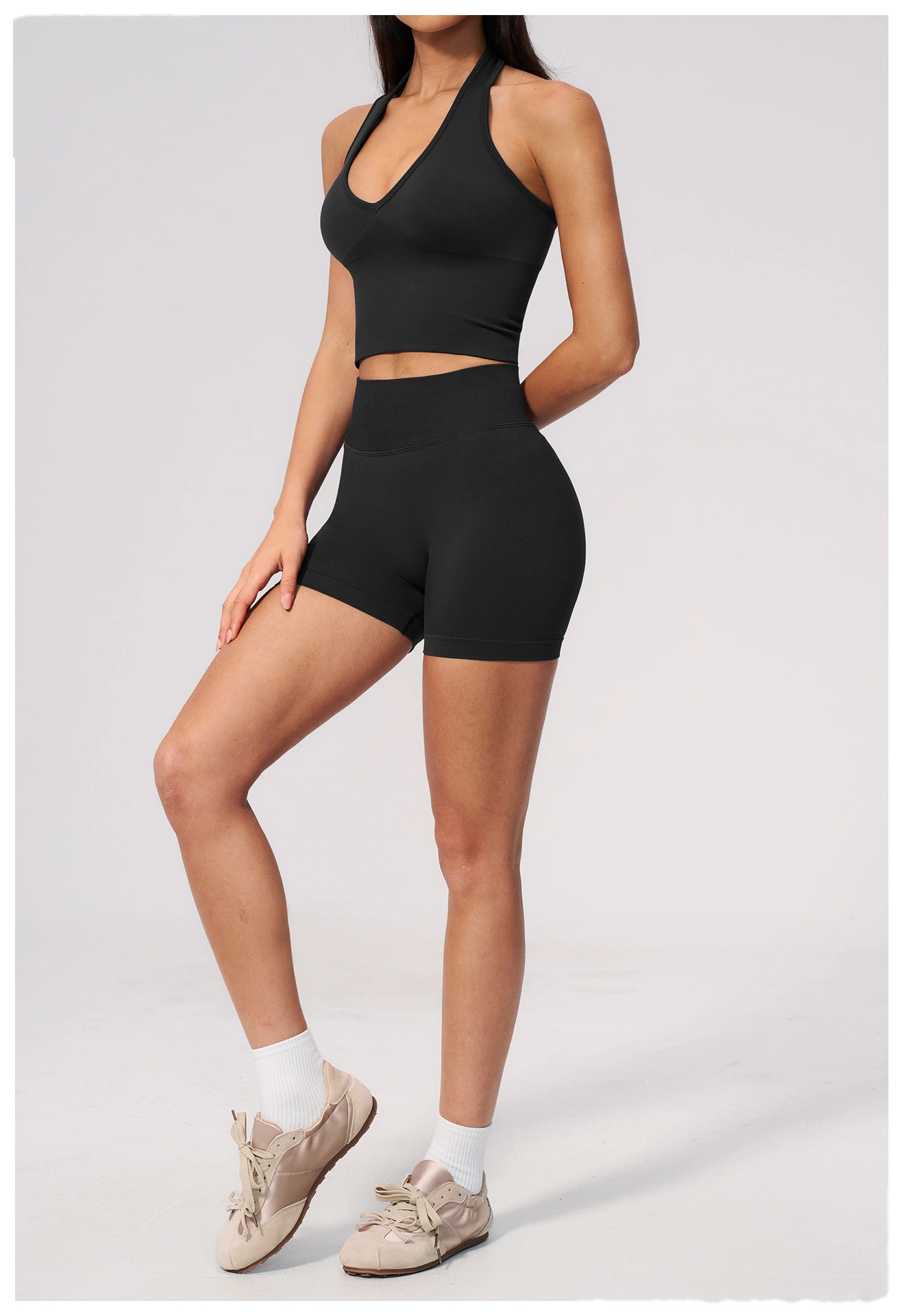 Custom Logo Seamless Sports Two Piece Set, Halter Neck V Front Yoga Top, High Waist Tummy & Hip Shaping Fitness Suit detail