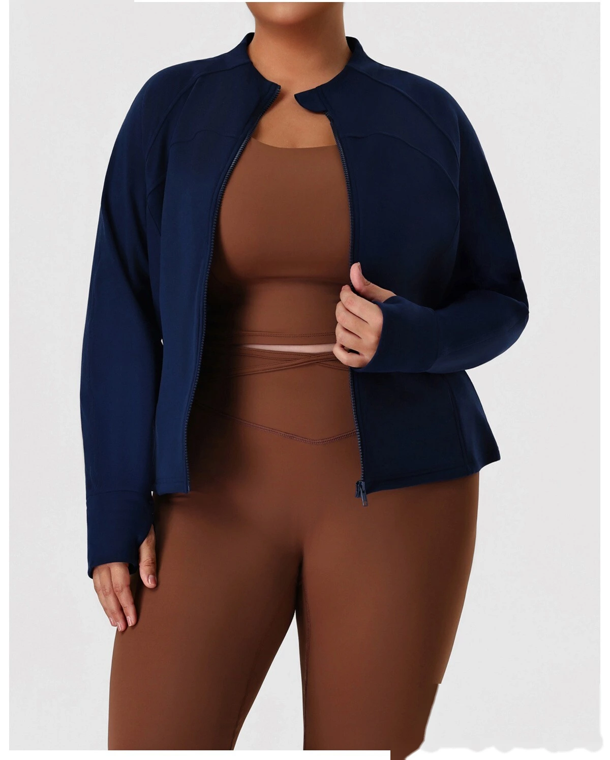Custom Plus Size Slimming Fleece Sports Jacket for Women - Warm Figure-Hiding Stand Collar Plush Yoga Outerwear detail