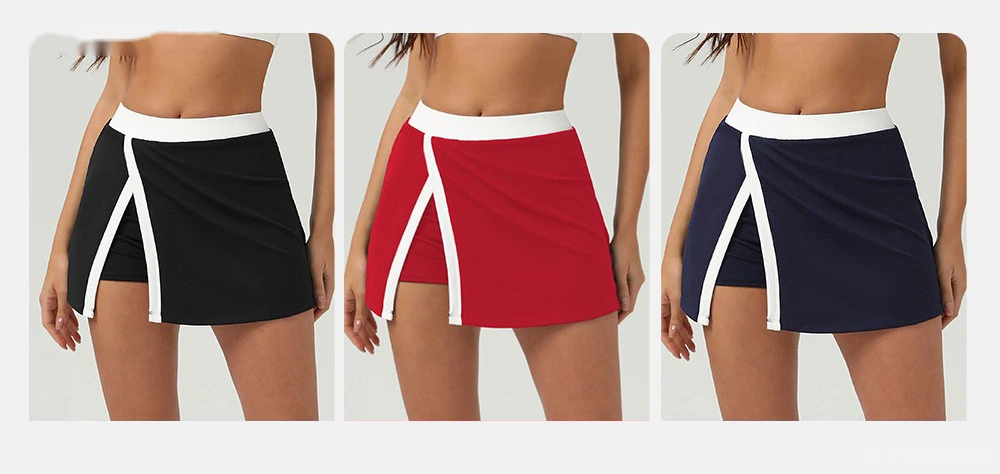 Contrast-color quick-drying tennis skirt, outdoor sports, slit opening and light exposure prevention detail