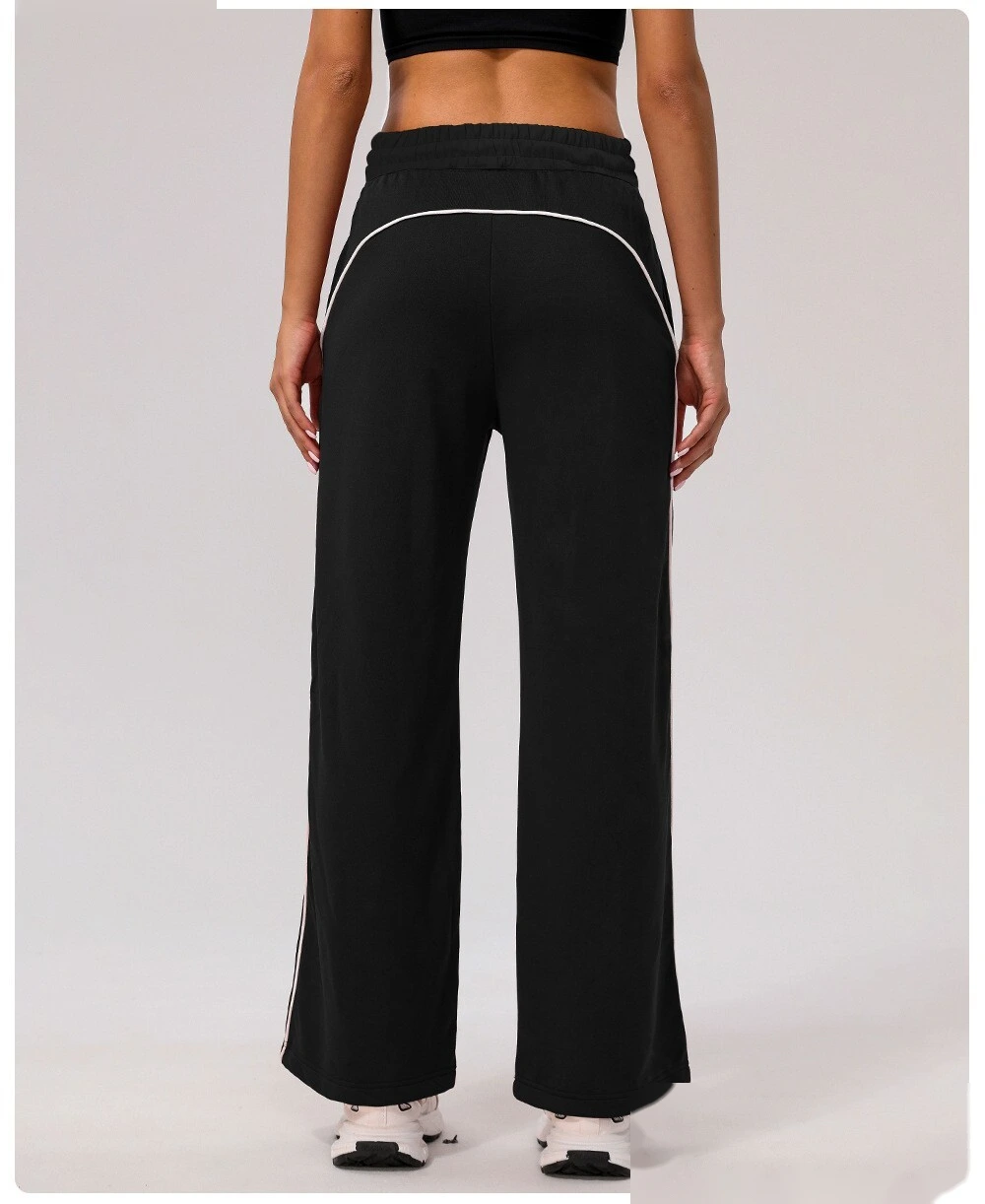 Custom leisure sports pants contrast American loose straight pants women's pocket yoga hip fitness wide-leg pants detail