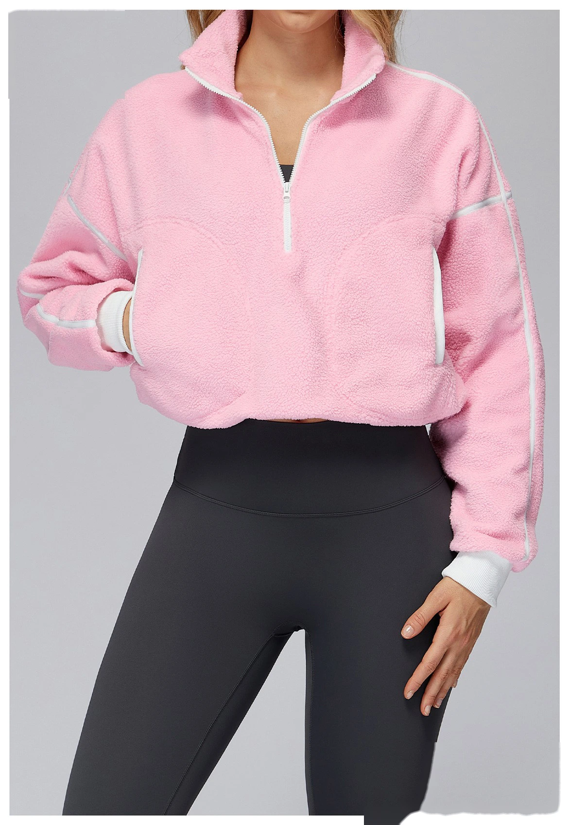 Customized autumn and winter stand-up collar windproof and warm polar fleece coat women's cashmere sports sweater detail